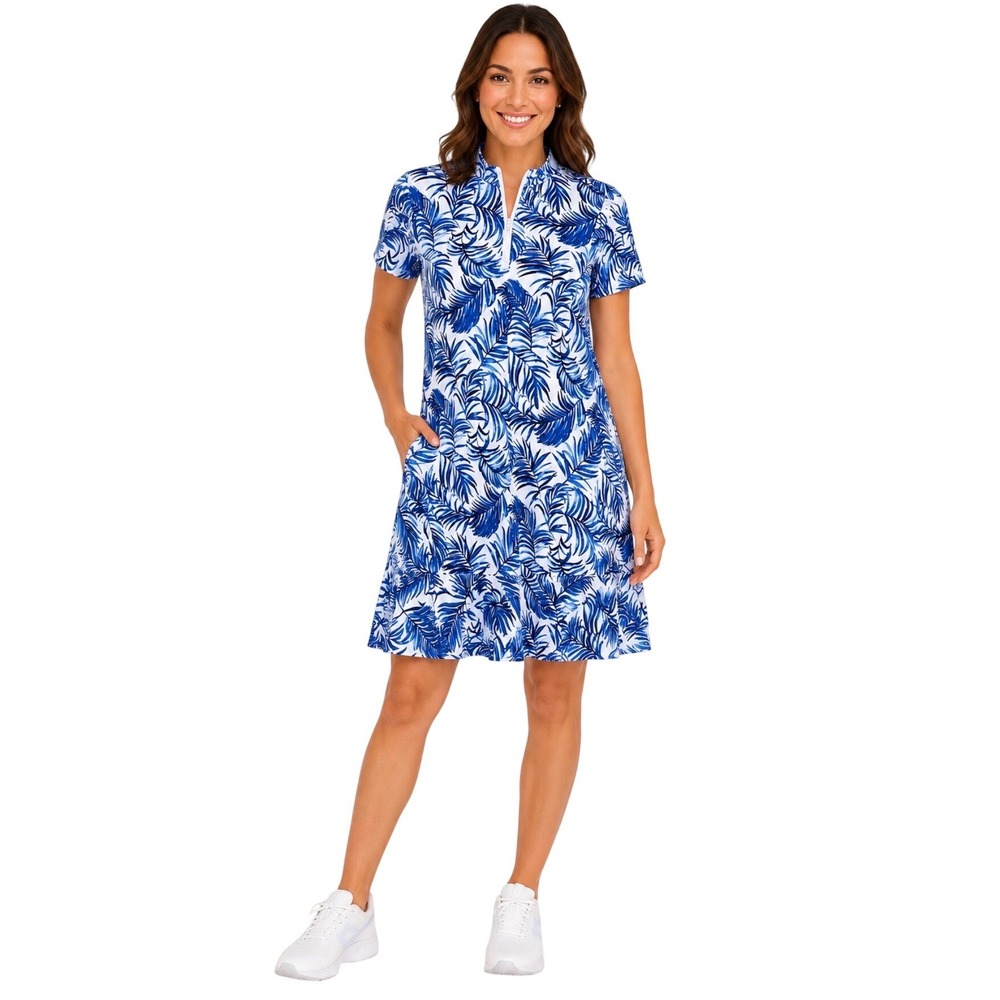 Tommy Bahama Golf Dress Blue White Tropical Palm Print Quarter Zip Womens Medium